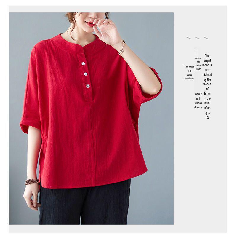 Plus Size Summer Cotton Linen Short-Sleeve Set for Middle-Aged Women - Fashionable Casual Two-Piece Outfit