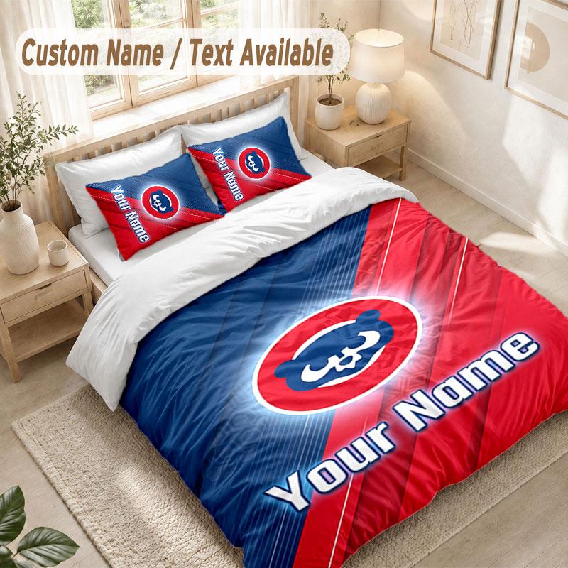 Custom Name Bedding Set 3 PiecesChicago Cubs Print Duvet Cover + 2 Pillowcases Soft Bed Decor