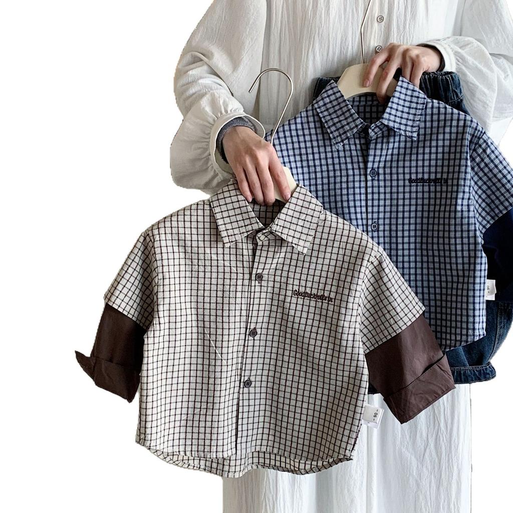 Boys' Shirts Autumn New Korean Version Children'S Splicing Fake Two-Piece Plaid Shirt Tide