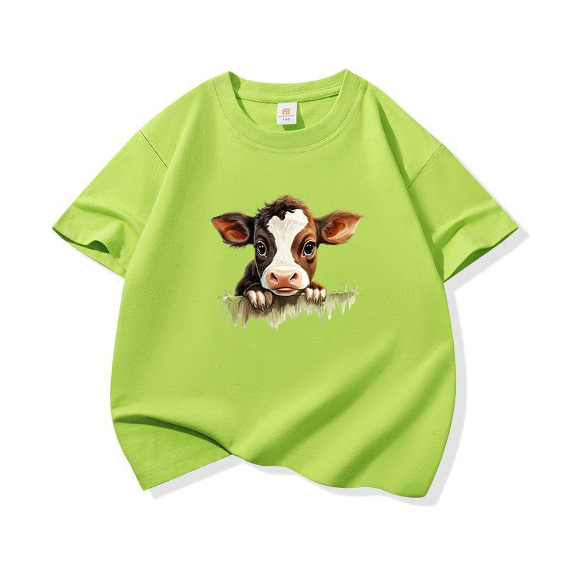 Kids Cotton T Shirt Cute Baby Cow Peeking Over Grass Print Crew Neck Short Sleeve Tee Casual Boys Girls Summer Tops