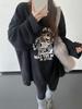 Trendy Plus Size Grey Printed Sweatshirt for Women - Long Sleeve, Round Neck, Loose Fit