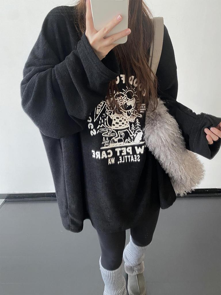 Trendy Plus Size Grey Printed Sweatshirt for Women - Long Sleeve, Round Neck, Loose Fit