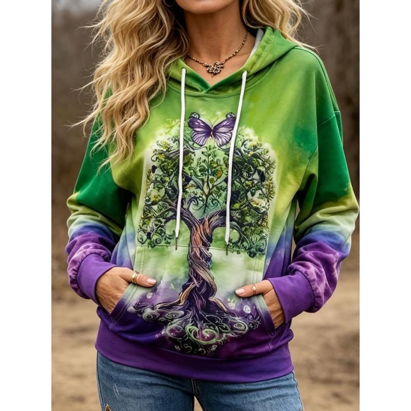 Women Fleece Pullover Hoodie Tie‑Dye Tree Of Life Butterfly Print Long Sleeve Drawstring Casual Hooded Sweatshirt Boho Tops