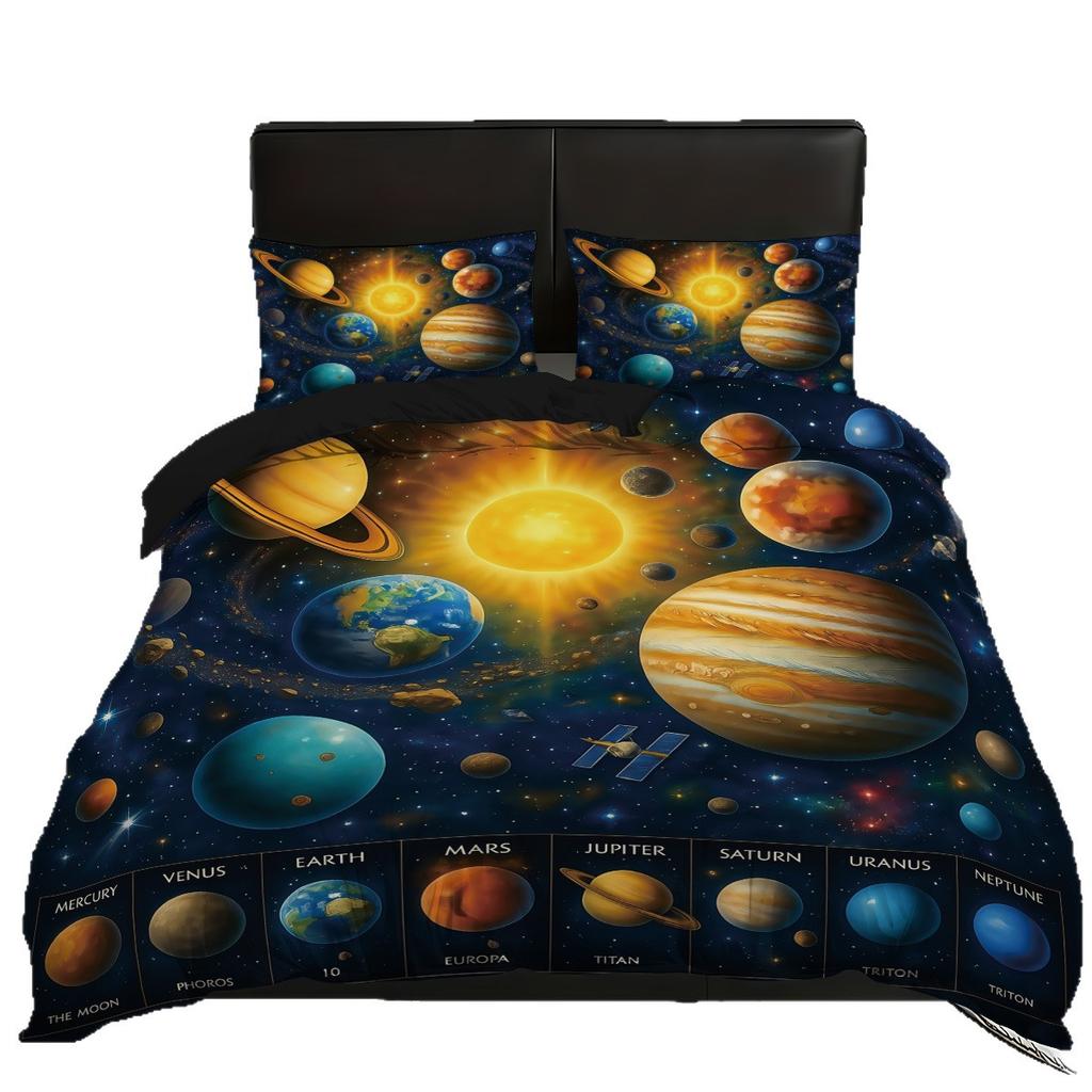 3D Universe Planet Three-Piece Planet Quilt Cover Abraded Cloth Pillowcase Bedding