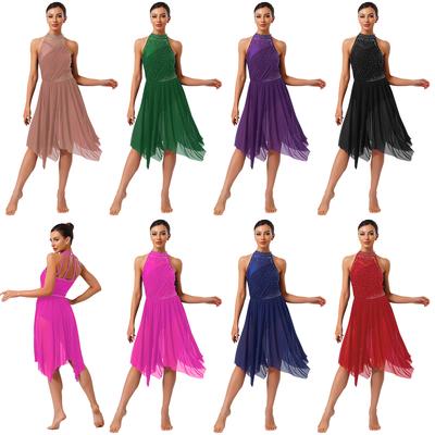 Women Lyrical Dance Costume Halter Sparkle Rhinestone Irregular Mesh Hem Built In Briefs Dance Dress