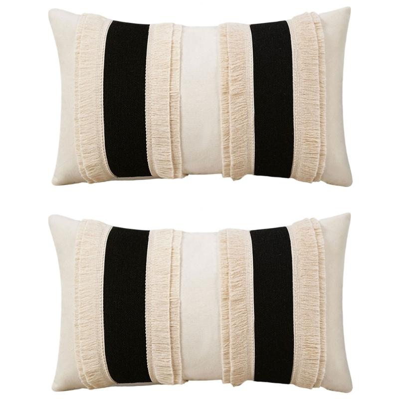 2Pcs Farmhouses Throw Pillow Cover Set, Patchwork Polyester Rectangular Shape With Fringe, 30 X 50 Cm Lumbar Cushion Covers for Home Decors