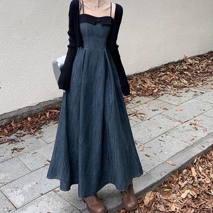 Spring & Autumn Color Block Denim Strappy Slim-Fit Long Dress