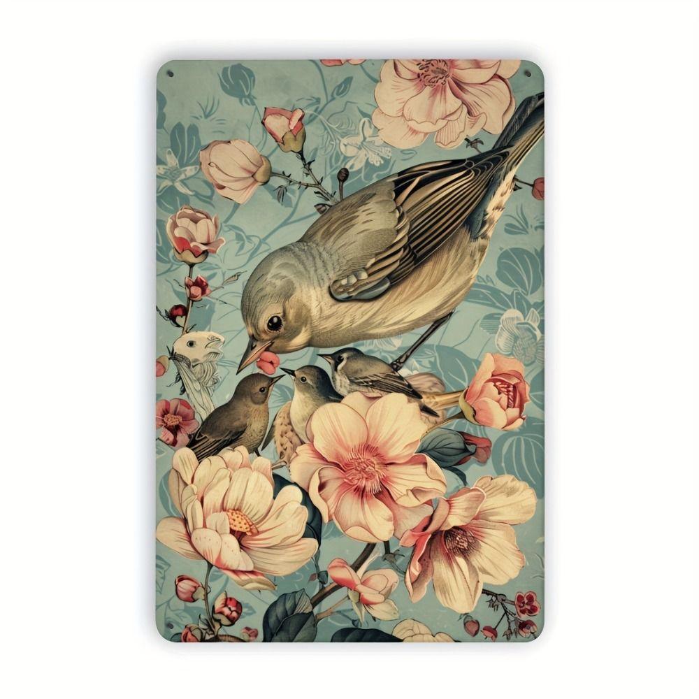 Vintage Metal Tin Sign Bird Feeding Chicks on Flowers Florist Decor For Living Room 20x30cm