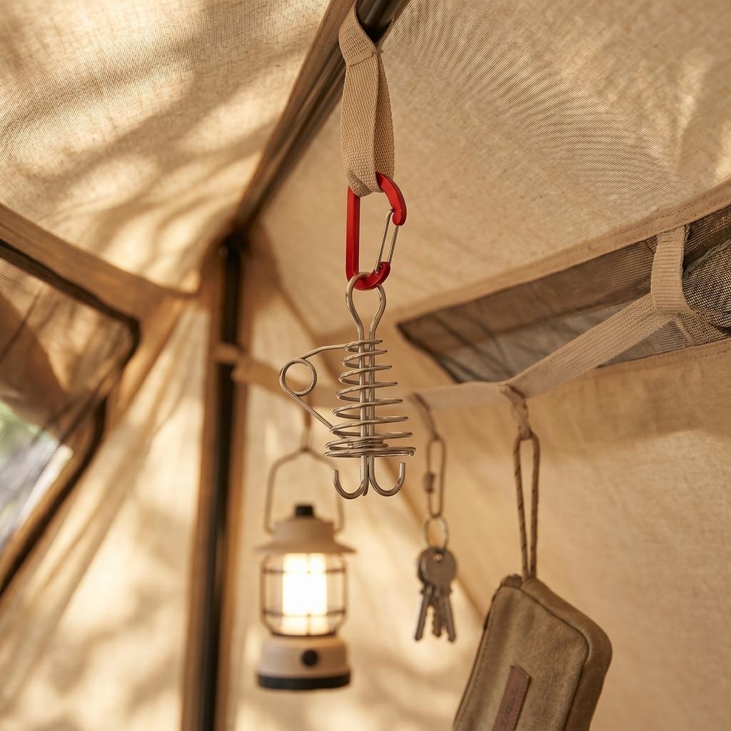 Fishing Tent Stake Spiral Hook with Carabiner Clip Durable Metal Octopus Clamp for Outdoor Camping and Tent Securing
