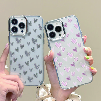 Cute Little Love Hearts Print Slim Soft Cover For iPhone 16 15 Pro Max 14 13 12 Pro 11 Plating Lens Protection Transparent Shockproof Clear Phone Case