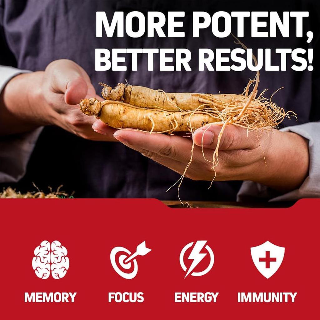 Integratore energetico al Ginseng Rosso Coreano, Migliora la concentrazione, Estratto di Radice di Ginseng ad Alta Concentrazione, 120 Capsule Vegetariane