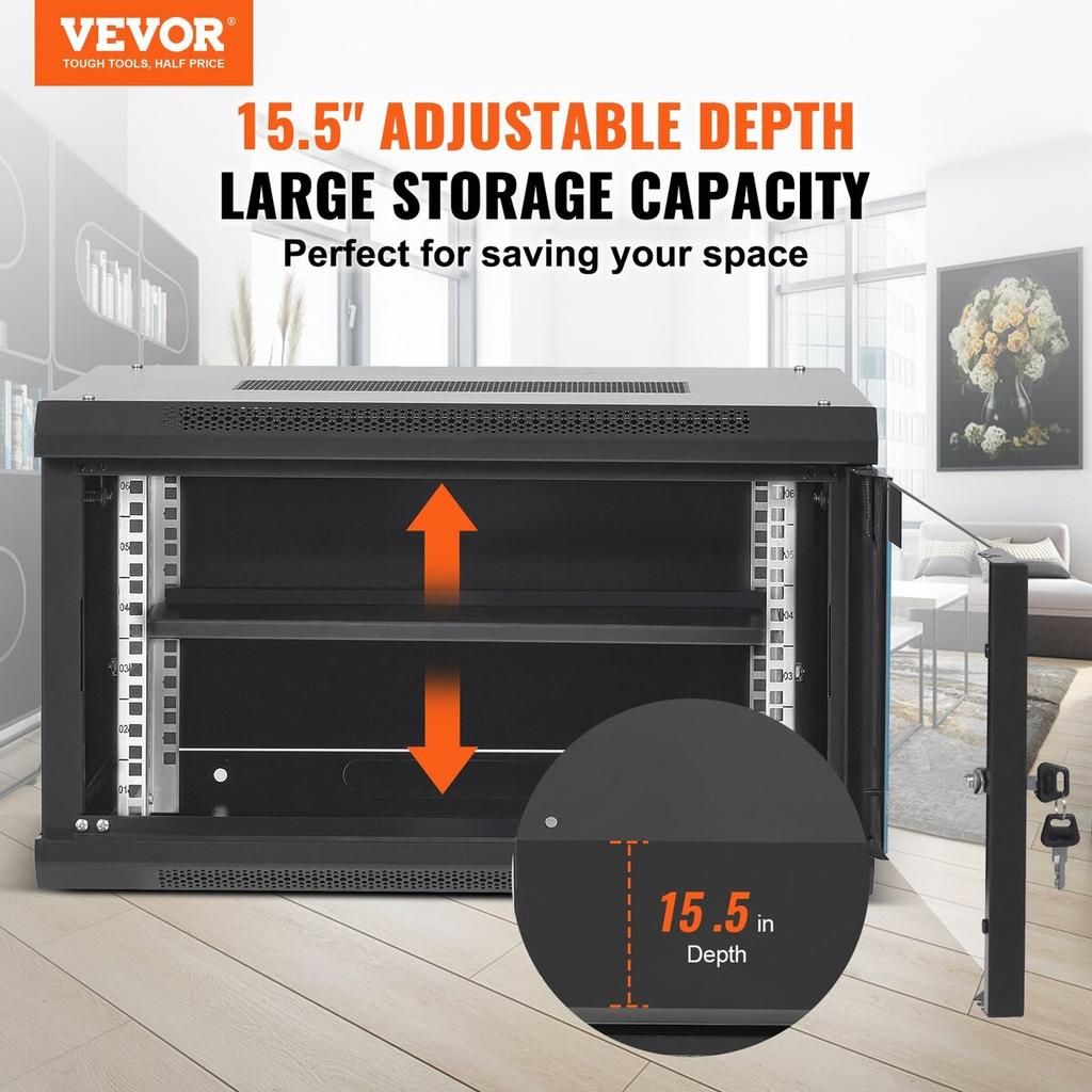 6U Wall Mount Network Server Cabinet, 15.5'' Deep, Server Rack Cabinet Enclosure, 200 lbs Max. Ground-mounted Load Capacity, with Locking Glass Door