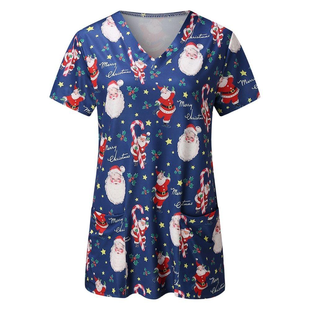 

Summer Santa Claus Short Sleeves Winter Pajamas Tops Woman T-Shirt Christmas Blouse V-neck Shirts L-B