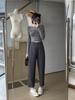 Women's 2024 Autumn Khaki Wide-Leg Suit Pants - Navy Blue, Loose, Straight, Nine-Point Length
