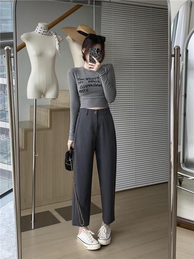 Women's 2024 Autumn Khaki Wide-Leg Suit Pants - Navy Blue, Loose, Straight, Nine-Point Length