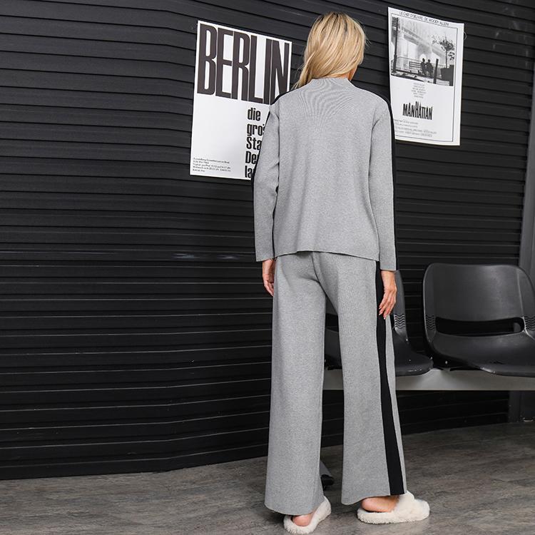 Conjunto de dos piezas de suéter de punto casual para mujer de otoño invierno, tops de manga larga tipo jersey y pantalón de pierna ancha, chándal