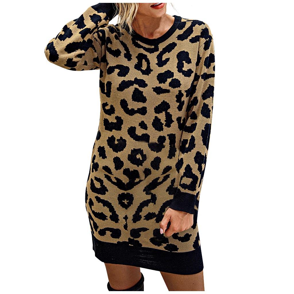 Women  And Winter Fashion Leopard Print Buttock Wrapping Knittin Dress