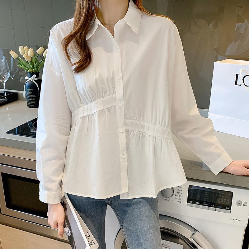 

Асимметричная плиссированная рубашка в синюю полоску для женщин с длинным рукавом, осенний дизайн, нишевый топ, 100% хлопок, белая рубашка XXL