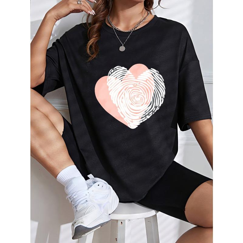 Crew Neck T Shirt White Heart Fingerprint Print Casual Wear For Women