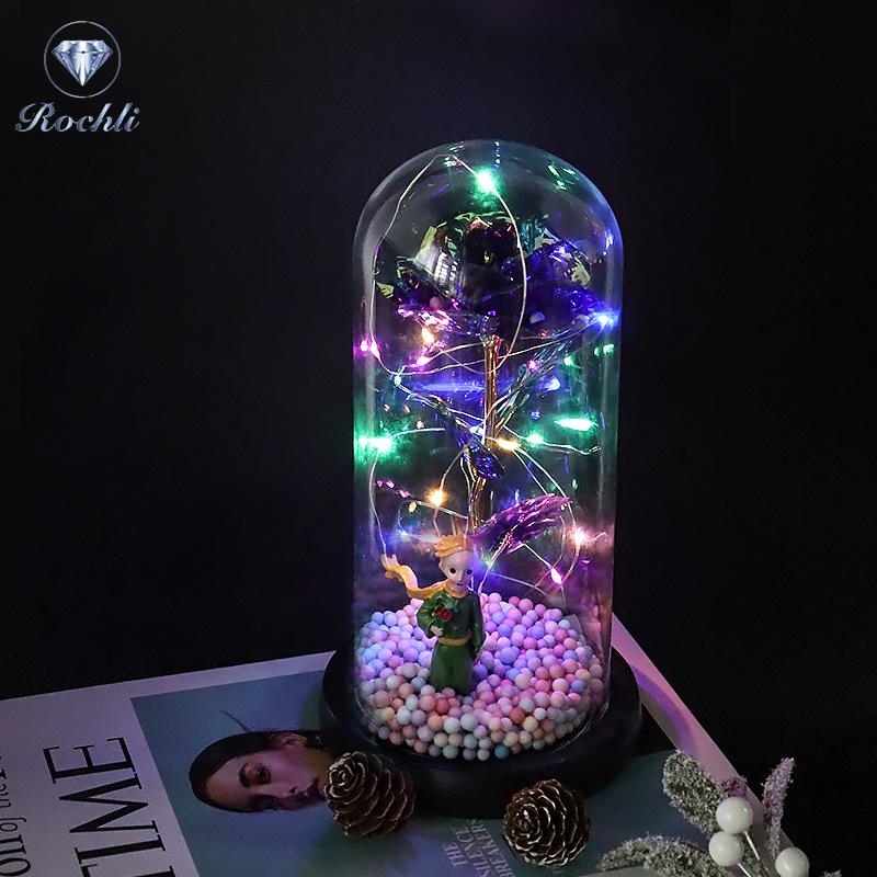 Rose Flower Preserved in Glass Dome with Night Light - Mother's Day or Birthday Gift Ornament