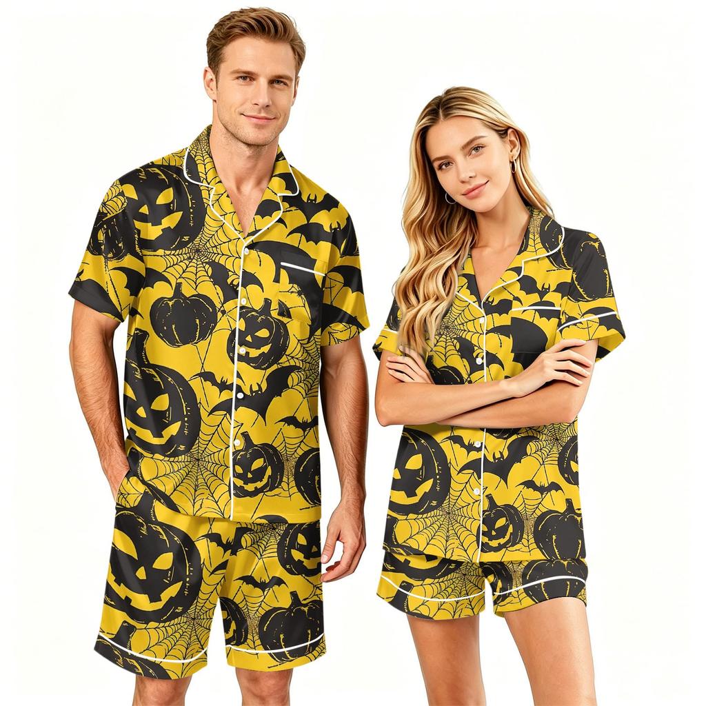 Couple Halloween Pajama Set Short Sleeve Button Down Shirt with Shorts Soft Casual Sleepwear S-XXXXL Matching Outfits for Men and Women