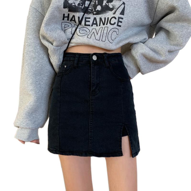 Unique Classic Versatile Youthful Design Split Skirt Slim Black Stretch High-Waisted Halter Package Hip A-word Ladies Summer Fashion Denim Short Skirt