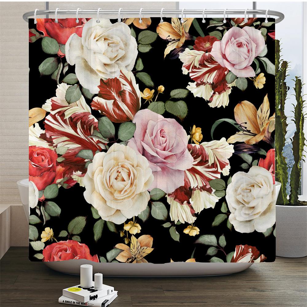 Butterfly Red Roses And Flowers Print Shower Curtain Set Anti-Slip Rugs Toilet Lid Cover Bath Mat  Bathroom Curtains Decoration