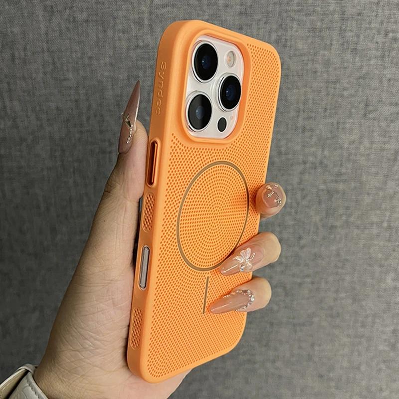 Luxury Mesh Hole Heat Dissipation Case for iPhone16 15 14 Plus 13 12 11 16Pro Max For Magsafe Wireless Charge Hard PC Thin Cover