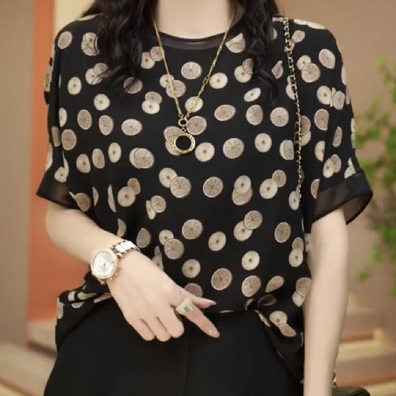 

Минималистичные летние женские свитера Commuter 2024 года с круглым вырезом, в горошек, сшитые из марли, с коротким рукавом, свободные повседневные шифоновые топы 8XL