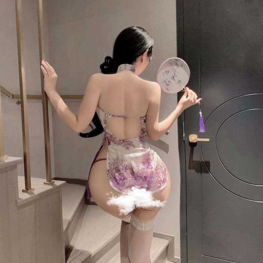 Sex Underwear Purple Charm Sexy Hollow Classical Cheongsam Hip-wrapped Milk Suspender Pajamas Nightdress Set