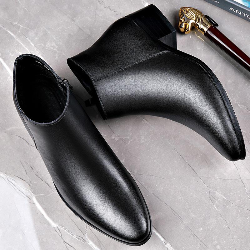 

Британские деловые кожаные ботинки для мужчин на высоком каблуке с острым носком и флисовые челси Мужская модная повседневная обувь 45 чёрный