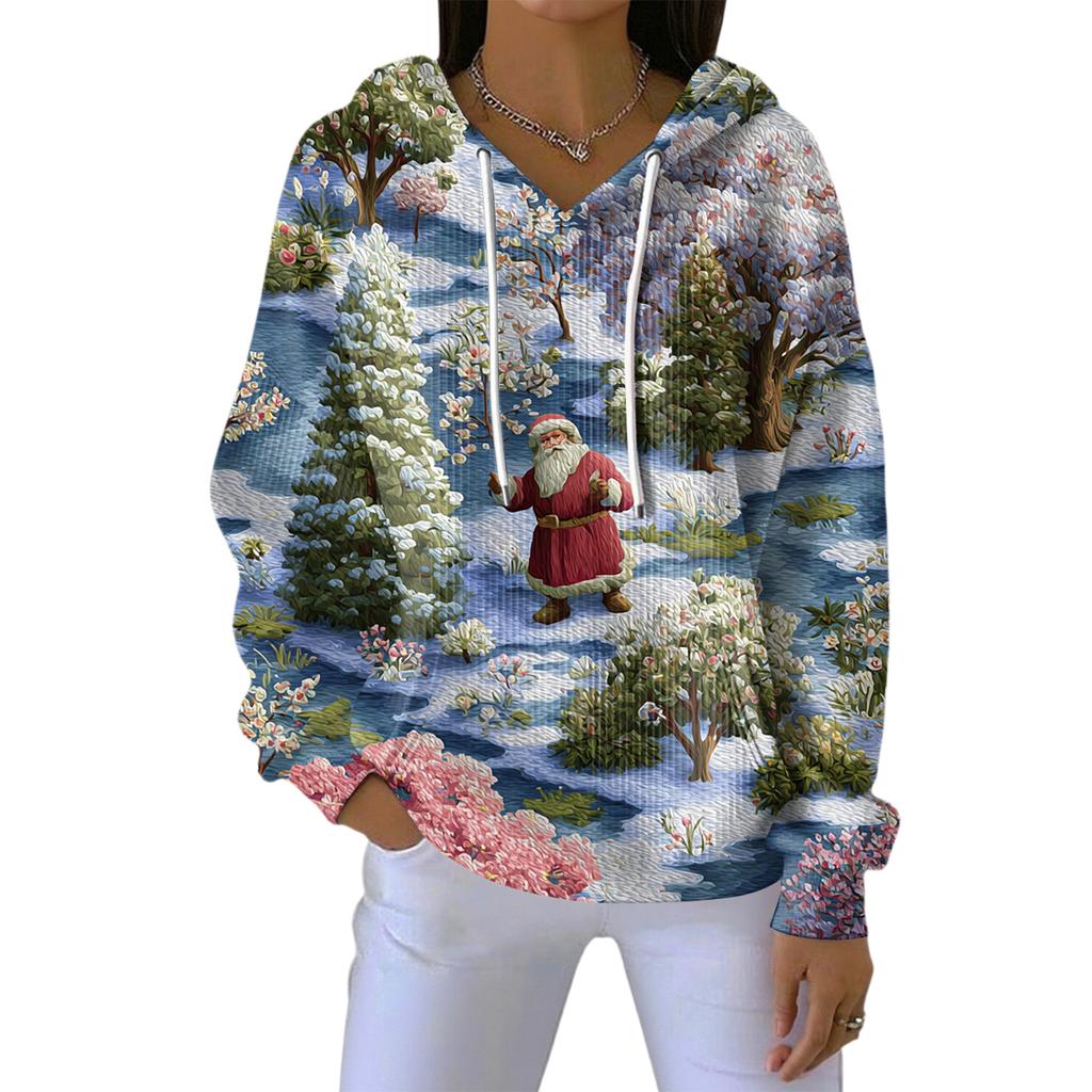 Dame Løs Komfortabel Casual Mote V-Hals Juleprint Langermet Hettegenser