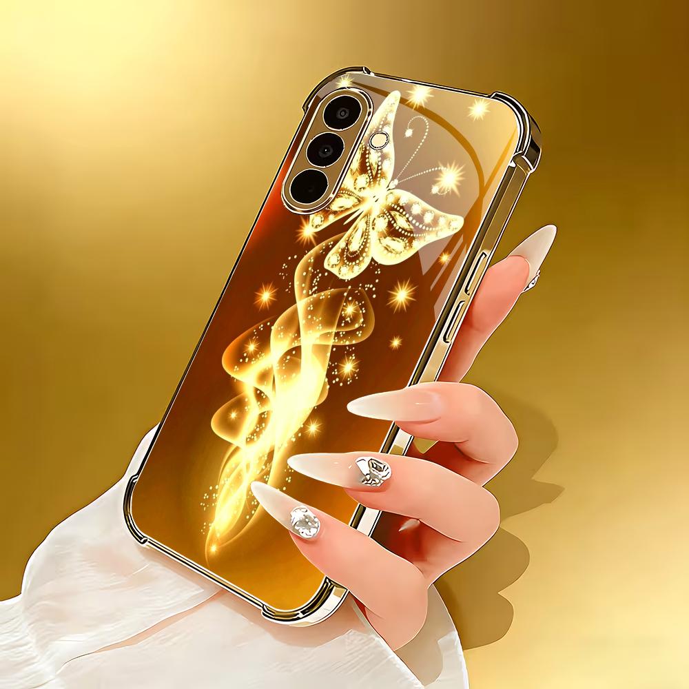 Golden butterfly plated glass phone case suitable for Samsung Galaxy S26 S25 S24 S23 S22 S20 FE/Ultra/Plus anti drop back cover