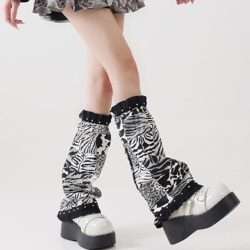 Punk Ruffled Trim Leg Warmers Subcultures Leopard Print Patchwork Denims Leg Cover Baggy Loose Flared Socks for Women