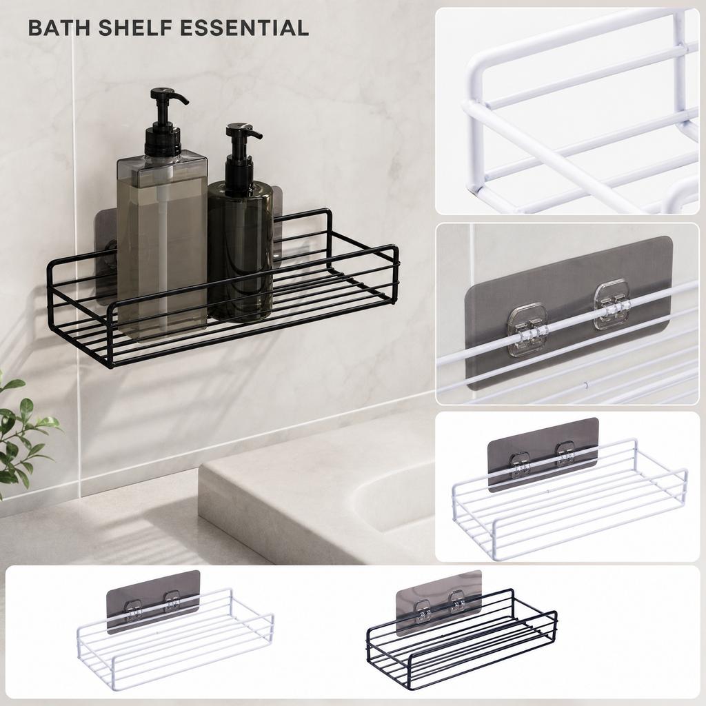 Metal Wall Mounted Bathroom Storage Rack Shower Caddy Organizer Shelf for Shampoo Soap Holder with Adhesive Hook for Easy Installation