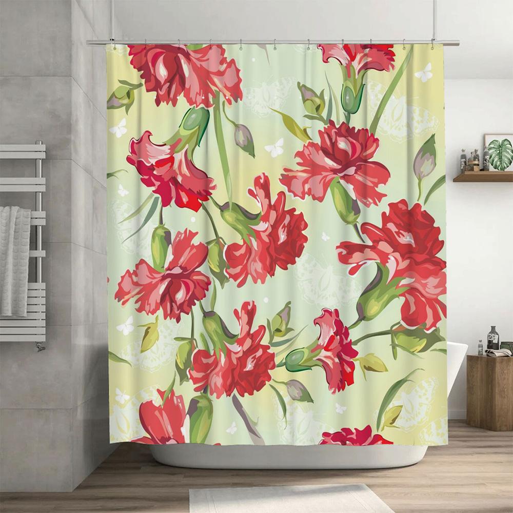 Beautiful Bath Shower Curtain Floral Design for Bathroom Decor Pink Red Flowers with Yellow Background Polyester Fabric Waterpro
