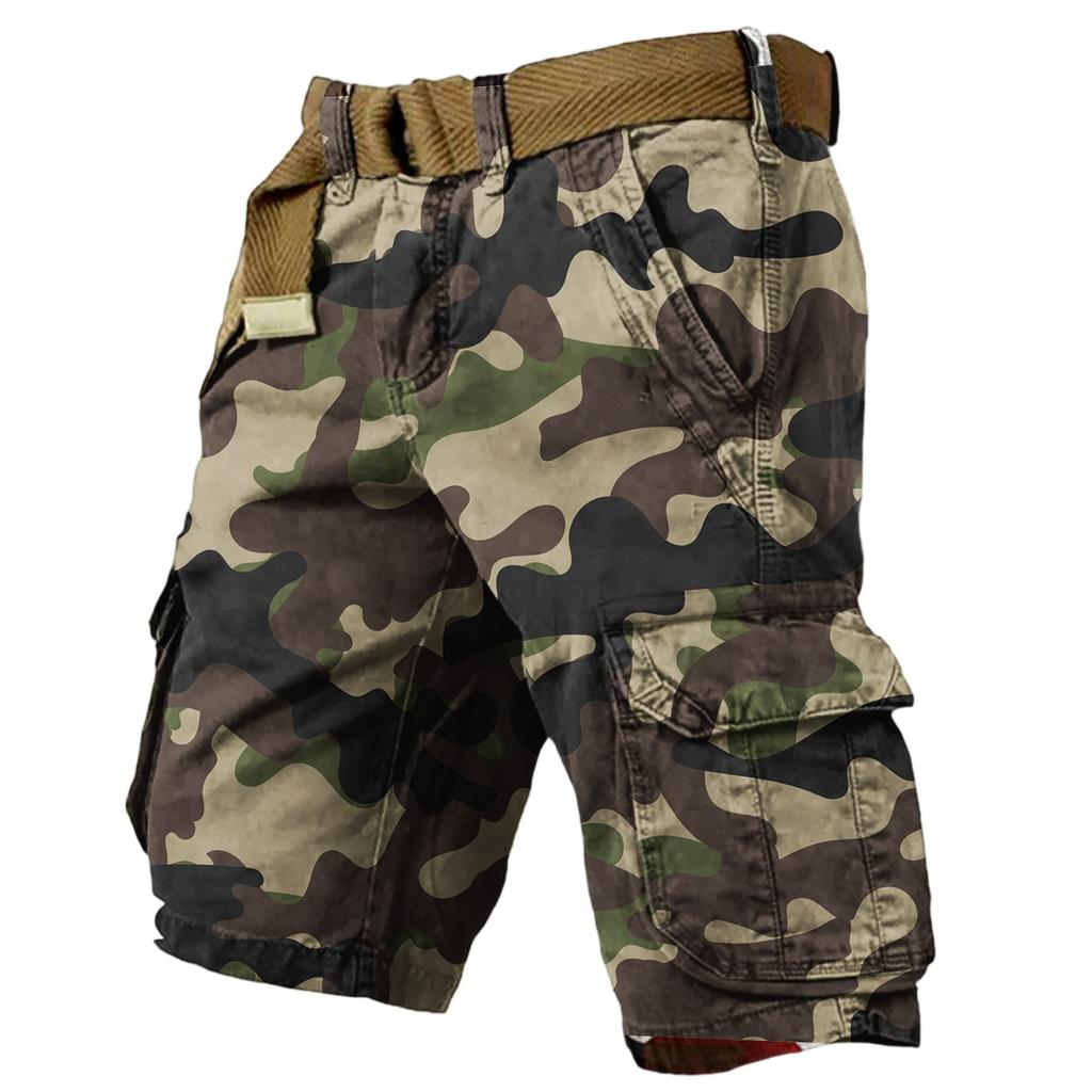 Herren Sommer Lockere Lässige Camouflage Arbeitsshorts, Übergröße Mehrfach-Taschen Mittellange Hose Ohne Gürtel