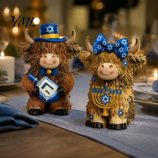 Whimsical Room Accent 2Pcs Magic Cow Figurines, Creative Resin Animal Statue with Wizard Theme, Collectible Art Piece Desk Shelf Home Decor,