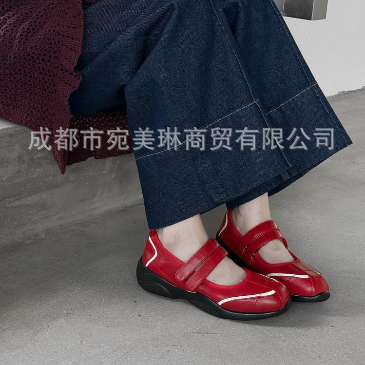 Round head muffin bottom leather sports shoes women's 2025 spring and autumn new Velcro color matching platform casual moral training shoes