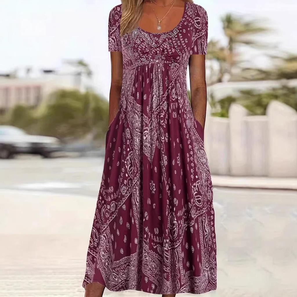 Sommer 2026 Boho-Stil Übergröße Bedrucktes Kleid mit Taschen für Damen