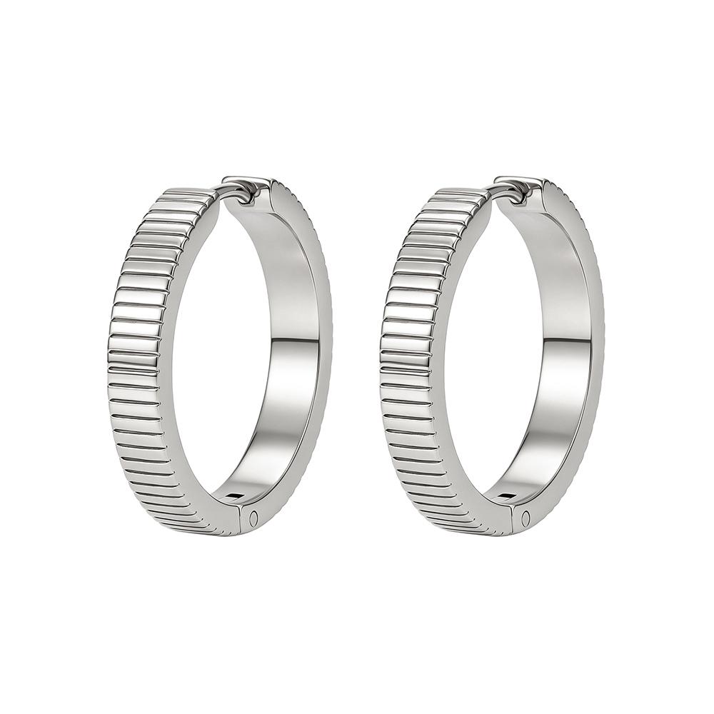 FINE4U 316L Stainless Steel Vertical Ridged Hoop Earrings Click Hinged Circle Hoops Hypoallergenic Textured Ear Jewelry