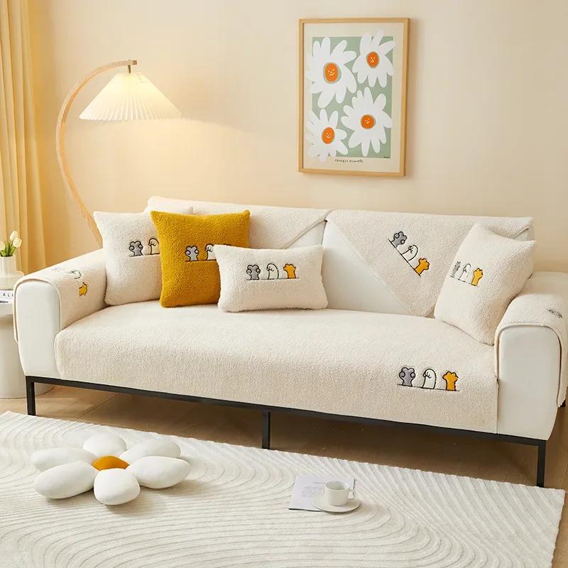 Winter Thicken Sofa Towel Solid Color Lamb Wool Plush Sofa Cushion Corner Soft Slipcovers For Living Room Decor Couch Cover