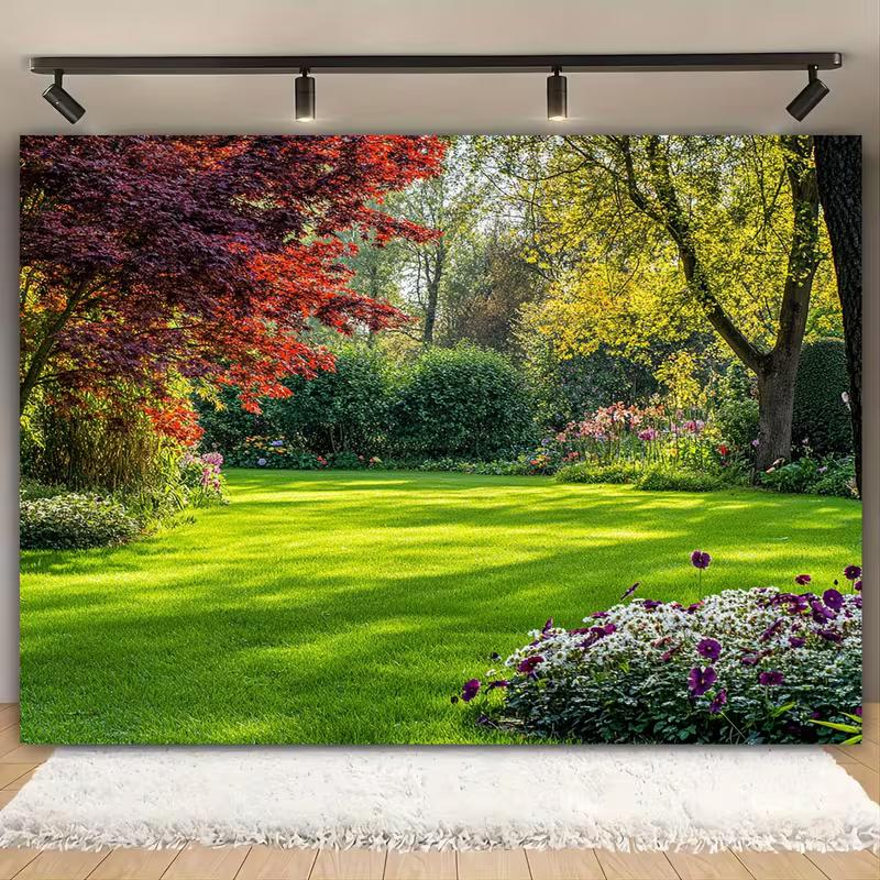 2D Sunlit Lawn Backdrop with Trees and Flower Garden Background