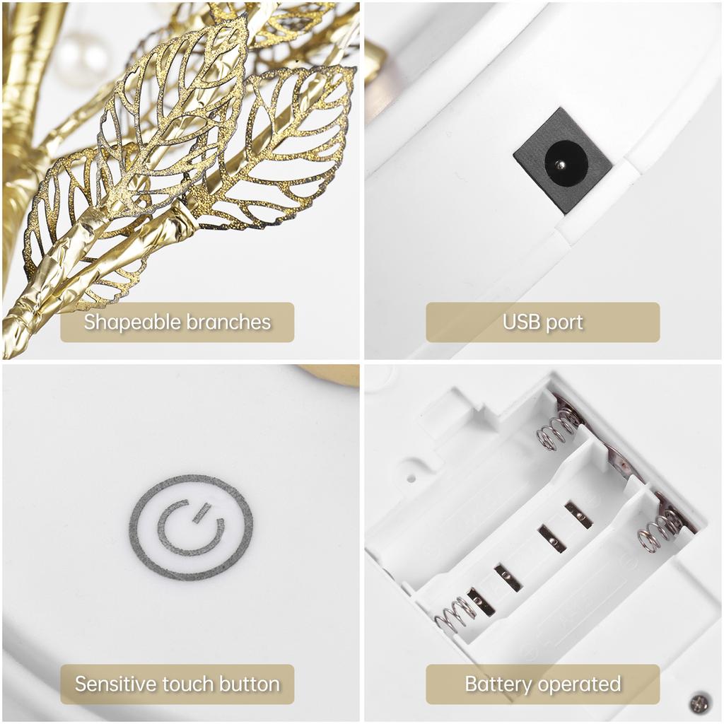 Artificial Tree Light for Home Decor Indoor 36 Light Golden Leaves Tree Lights USB and Battery