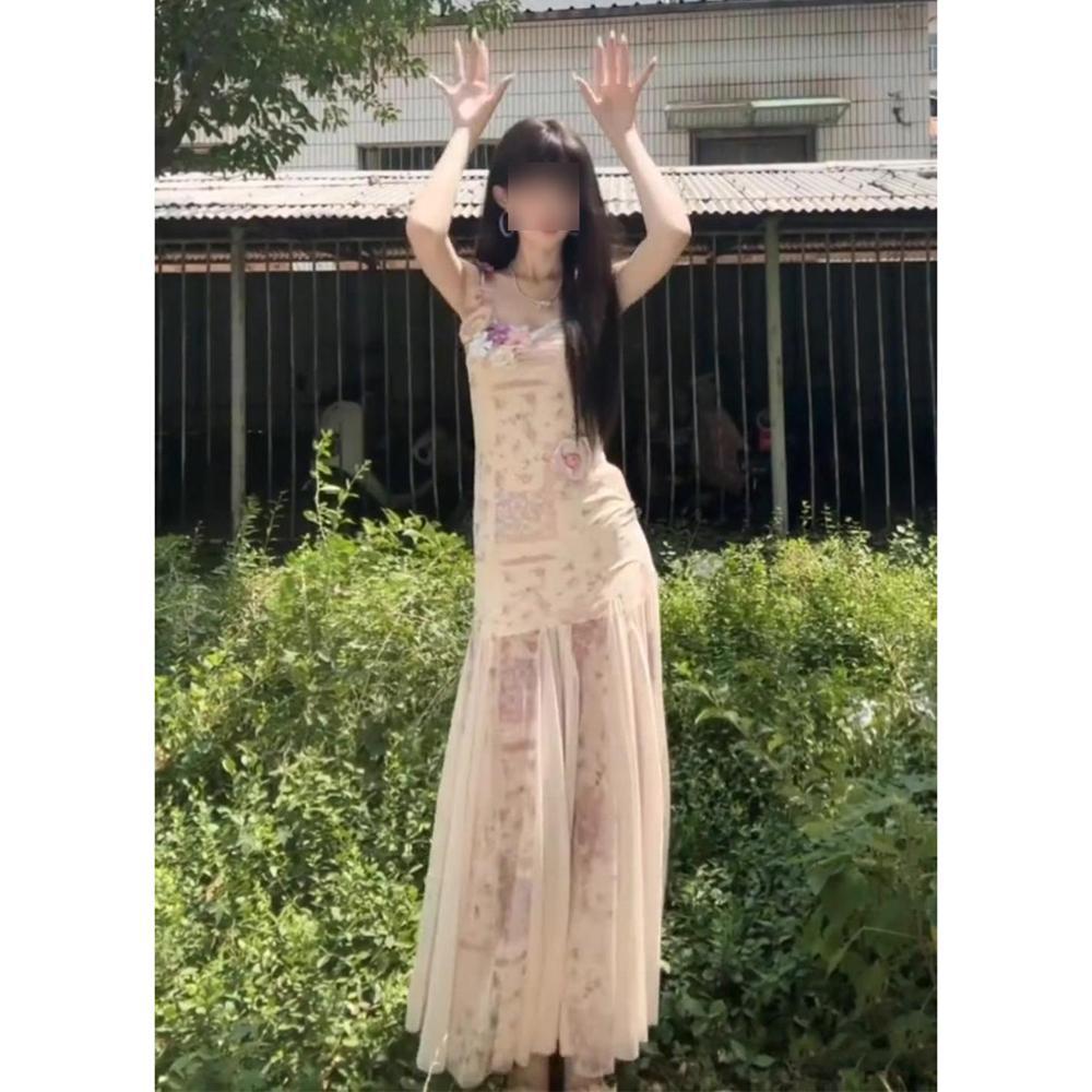 Seaside vacation summer great-looking dress French three-dimensional flower suspender dress mesh stitching fishtail dress