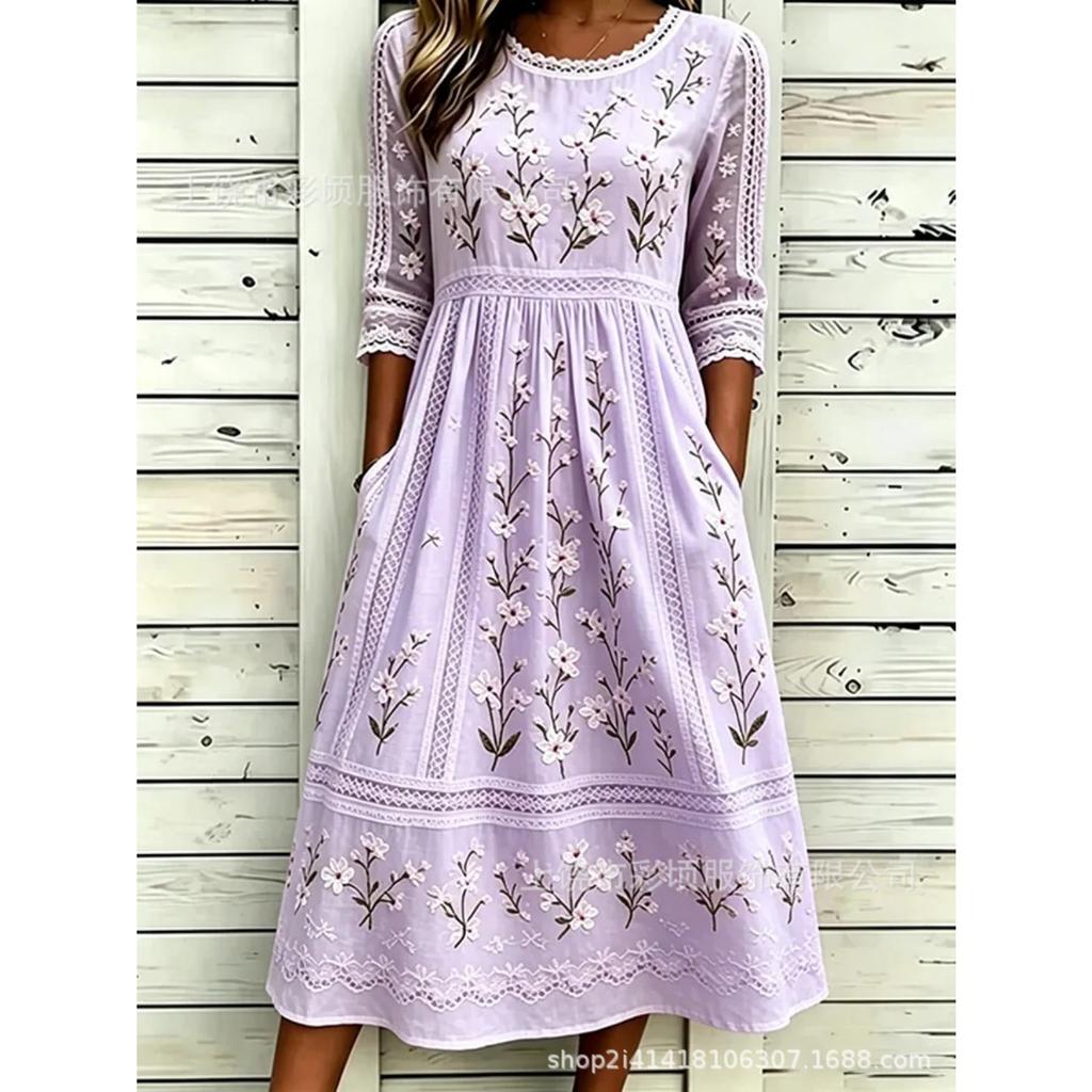 Women's Crew Neck Long Sleeve Loose Fit A-Line Midi Dress Casual 3D Floral Print