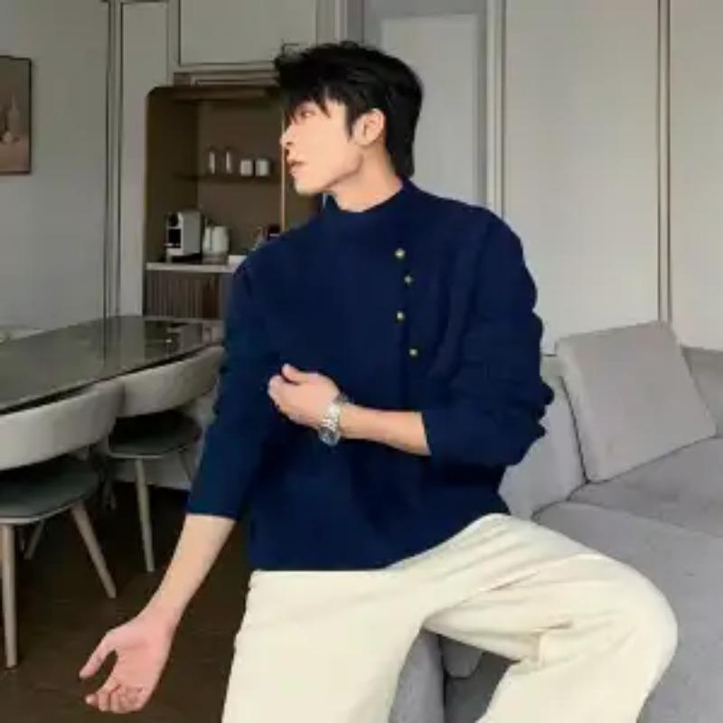 Irregular Button Turtleneck Sweater Men's Autumn and Winter Fashion Brand