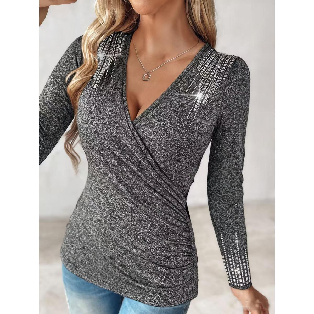 

Spring Autumn Women s Plus Size Solid Color Hot Rhinestone V-neck Long Sleeve T-shirt Top 5XL сірий колір