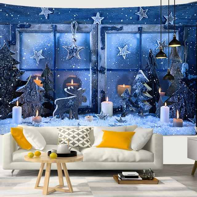 Snow Christmas Tree Fireplace Santa Claus Print Tapestry Wall Hanging Background Cloth Decor Christmas Home Room Wall Decoration