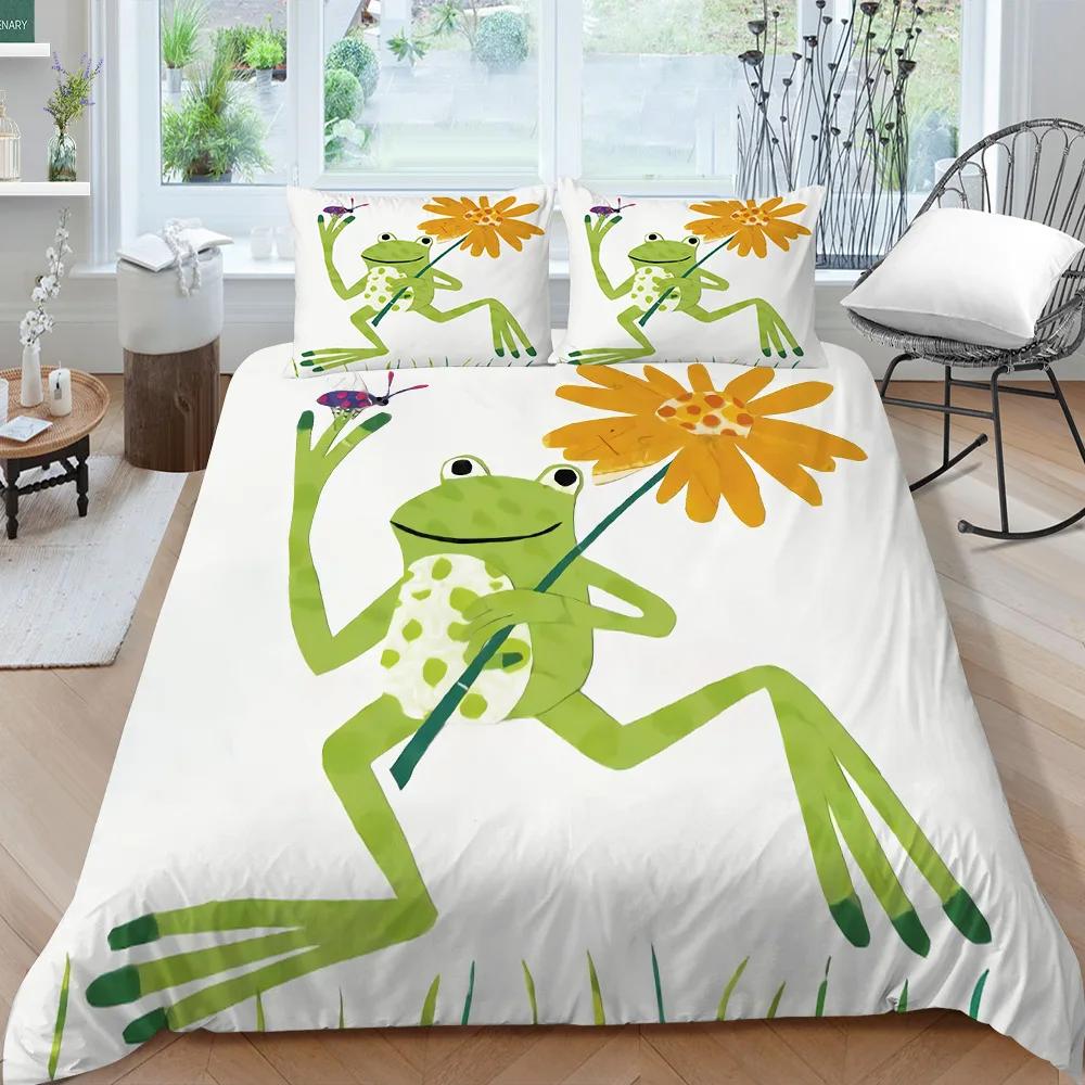 Cartoon Frog Duvet Cover Set King/Queen Size Reptile Animal Theme Bedding Set Cute Green Frog Polyester Comforter Cover for Kids